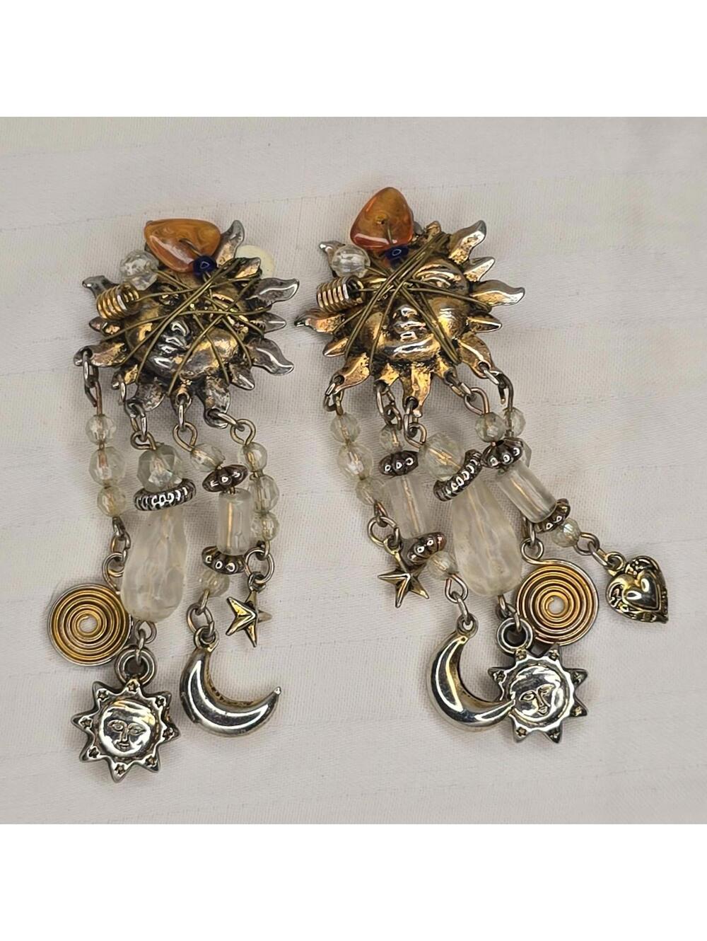 Vintage Kirks Folly Gold Tone Sun Face Moon Stars Dangle Clip-on Earrings